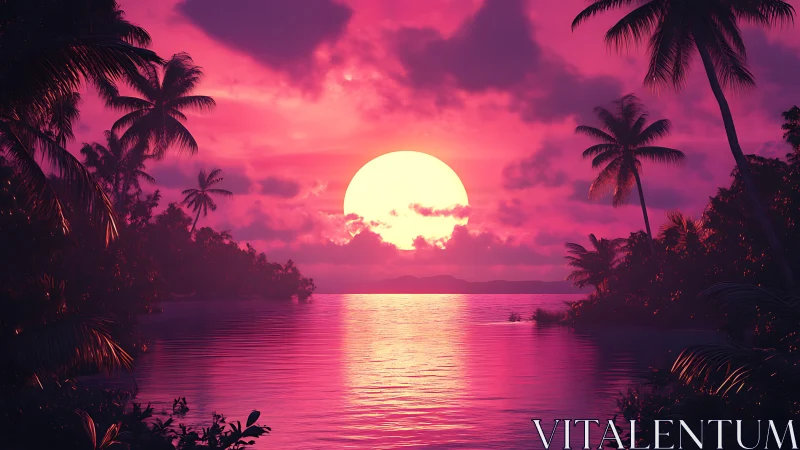 Neon tropic sunset ignites reflective palm lagoon horizon.