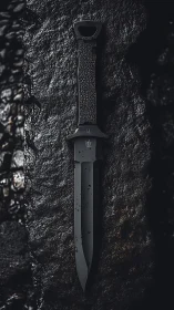 Tactical combat knife on wet stone in dramatic low key lighting.