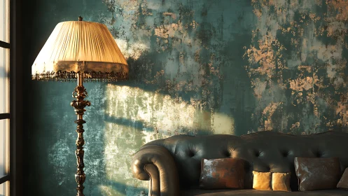 Gilded floor lamp and tufted leather sofa in moody side light