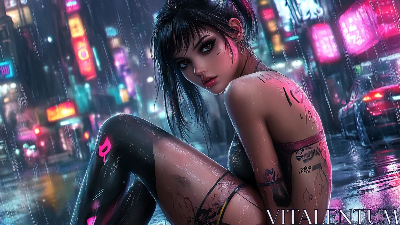 Neon rain wraps a quiet rebel in a glowing city night