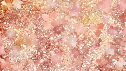 Rose gold petal bokeh field with shimmering glitter haze.