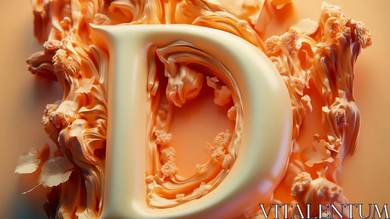Letter D in glossy 3D with textured orange swirls.