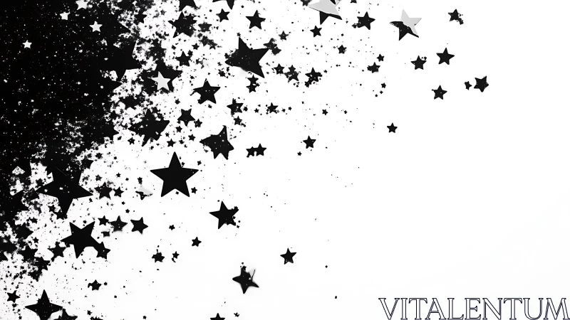 Monochrome star confetti dispersing across negative space.
