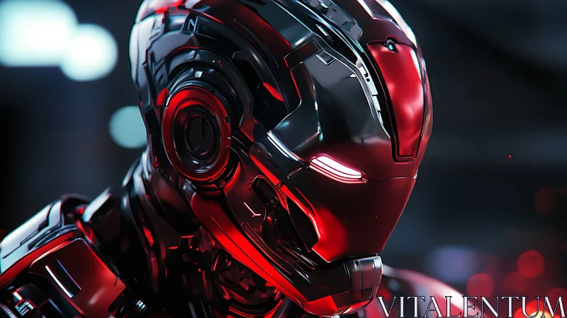 Red chrome combat android head rendered with high-gloss PBR shaders