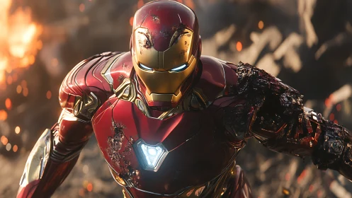 Armored superhero in battle damaged red metallic suit.