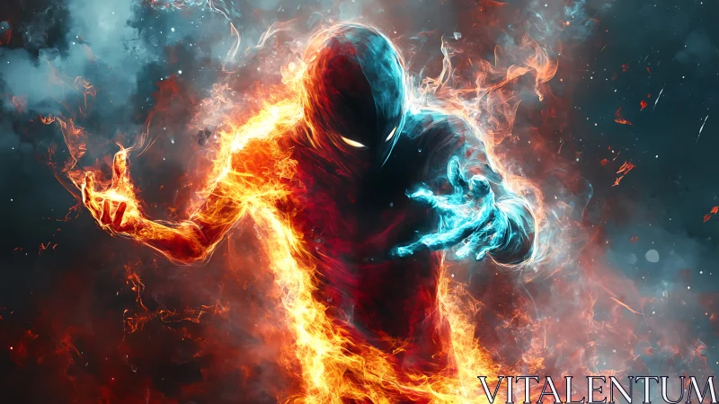 Elemental warrior wreathed in fire and ice energy.