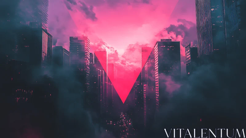 Neon pink triangle over foggy futuristic cityscape.