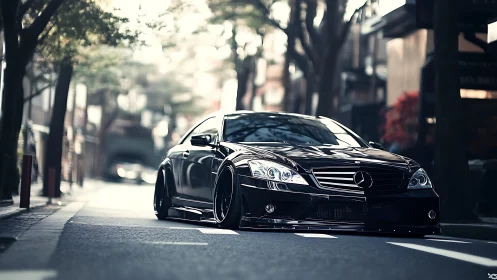 Black performance coupe on urban street with bokeh lighting.