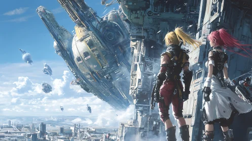 Skybound rebels watch a colossal starship breach the clouds.