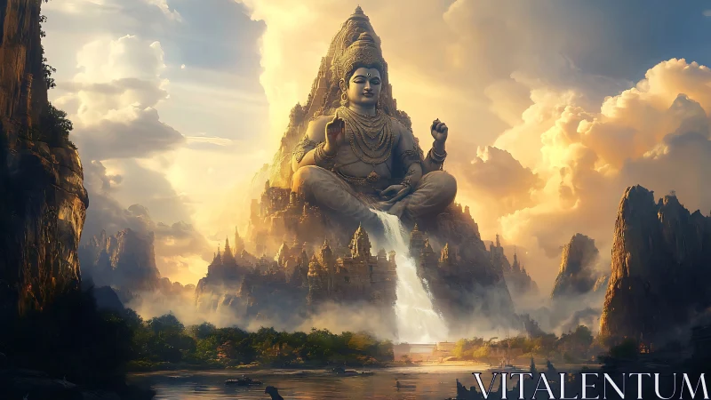 Colossal seated deity carved into mountain with cascading waterfall