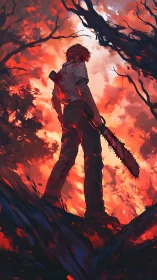 Backlit figure with chainsaw in red-toned woodland scene.