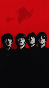 High-contrast four-member portrait on saturated red field