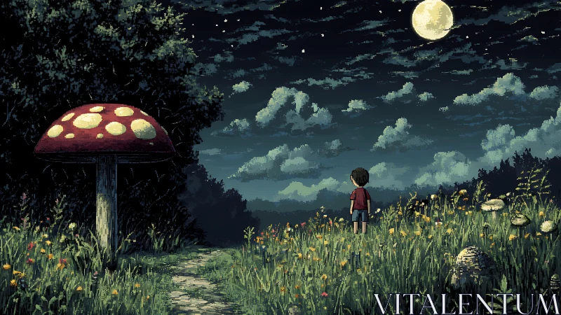Pixel nocturne renders child and giant mushroom under full moon
