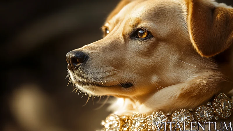 Canine portrait captures side-lit fur detail and ornate jeweled collar