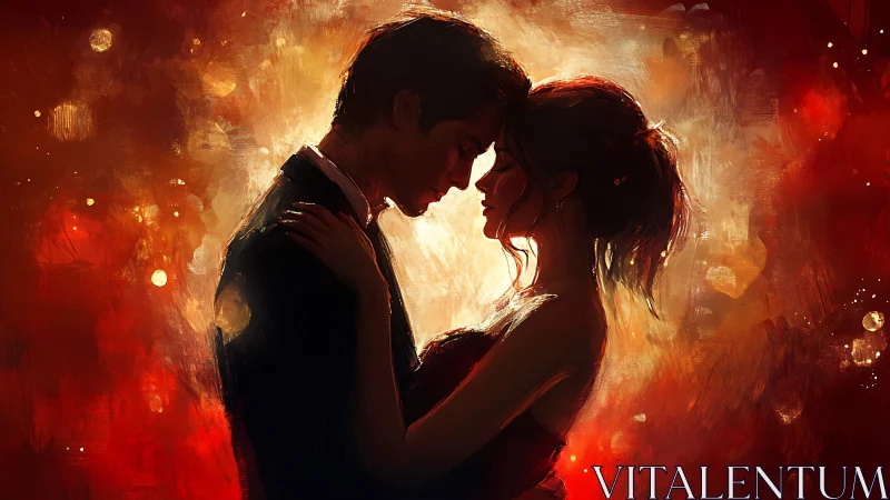 Silhouetted Couple in Luminous Amber and Crimson Radiance.