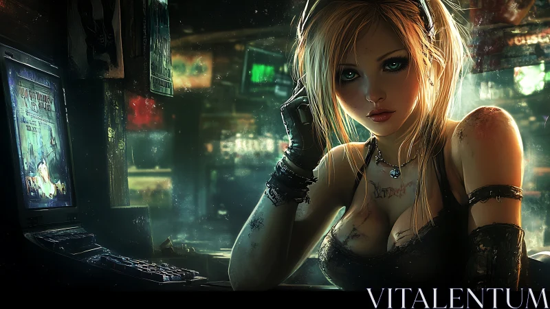 Cyberpunk hacker girl leans over neon-lit workstation desk.