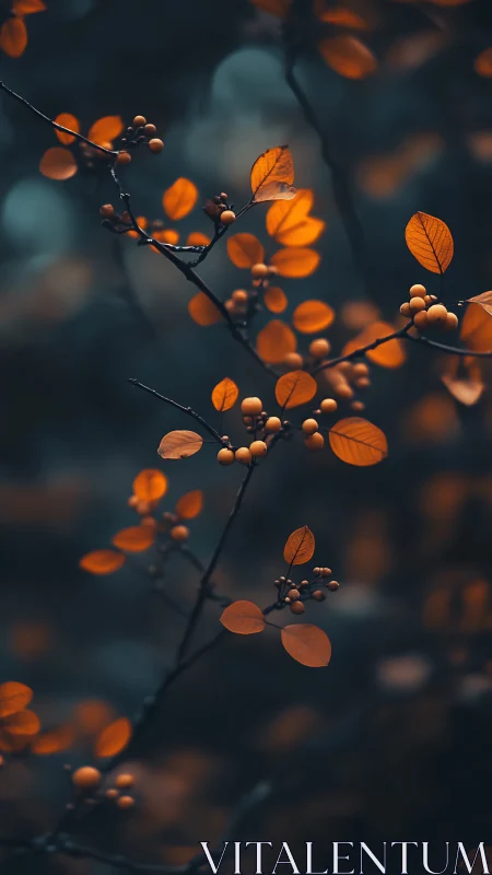 Amber leaves and berries glimmer quietly in twilight hush.