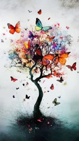 Butterfly bloom tree erupts into swirling watercolor sky.