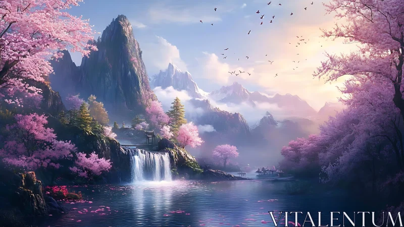 Mountain lake with cherry blossoms and distant village.