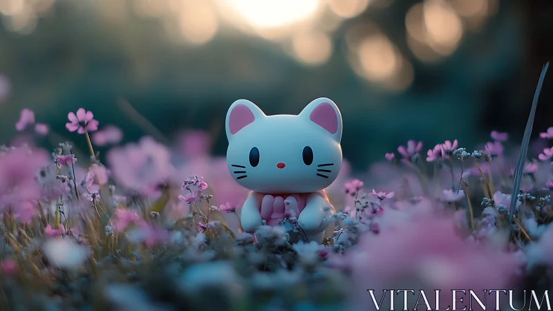 Cute cat figurine rests in dreamy pink wildflower meadow