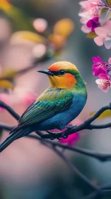 Iridescent songbird rendered in shallow-depth floral portrait