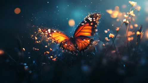 Twilight emberwing butterfly scattering luminous meadow sparks.