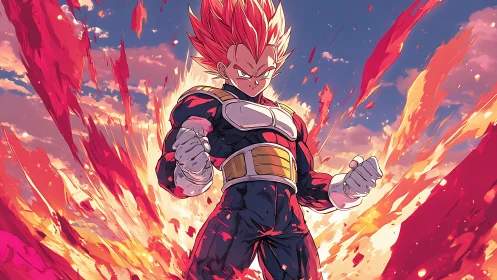 Saiyan warrior charges power amid explosive sky energy