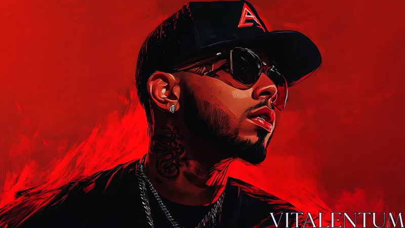 Crimson backdrop crowns cool urban portrait in bold strokes.