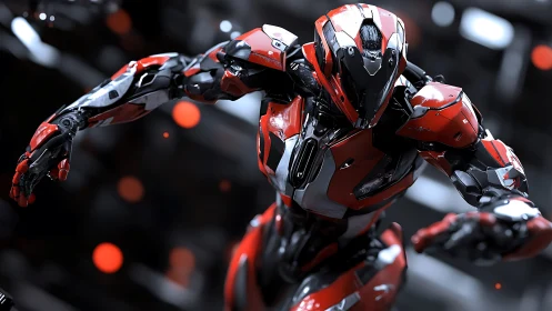 Kinetically posed red combat exosuit with dynamic bokeh field