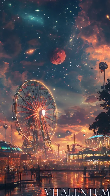 Ferris wheel stitches comet-bright seams between sky and fairground