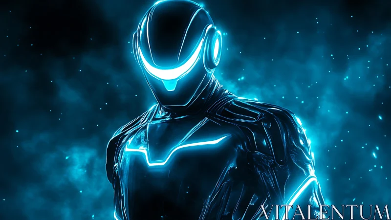 Neon cybernetic warrior stands in radiant blue haze