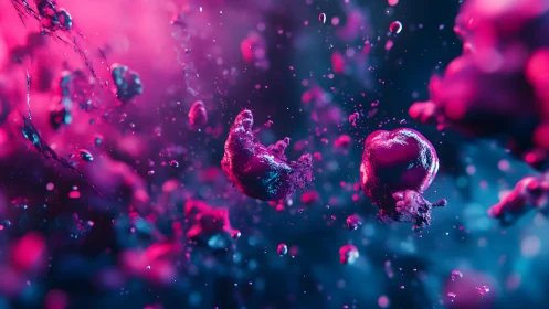 Abstract macro of splashing berries in vivid neon pink and blue.