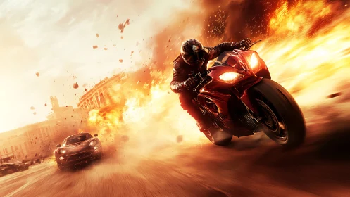 High-speed rider rockets through fiery city street chaos