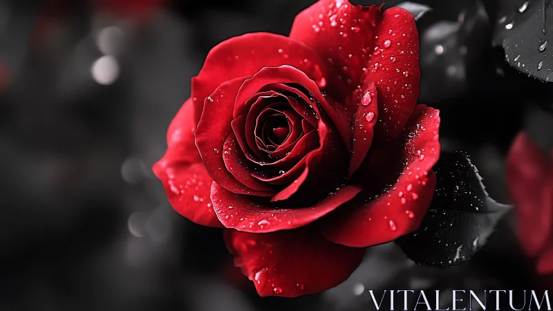 Red Rose with Water Droplets Against Dark Background