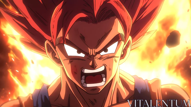Energetic anime warrior in fiery aura, intense close-up focus