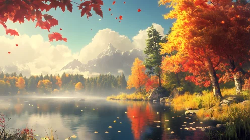 Autumn mountain lake rendered with volumetric light and reflective water
