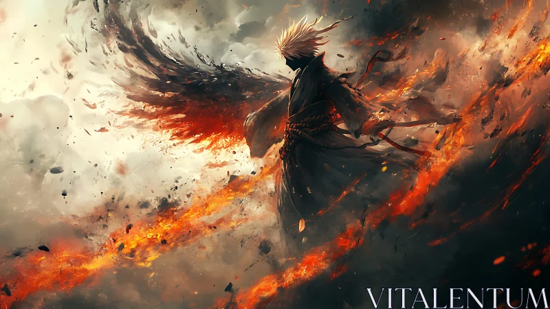 Fierce winged warrior rises through a storm of living fire.