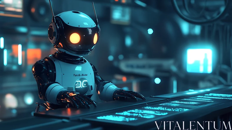Glowing-eyed service robot at futuristic control console.