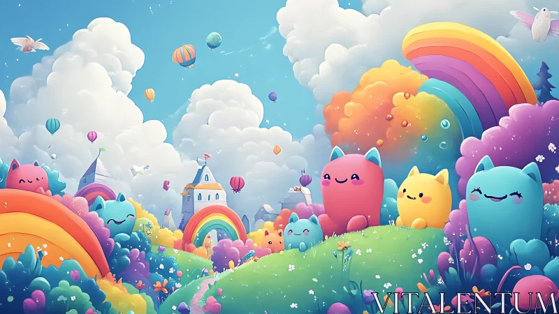 Stylized digital landscape with oversized creatures and rainbow elements