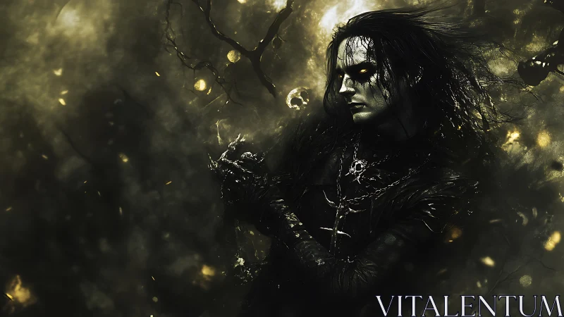 Dark sorcerer with glowing eyes in swirling shadowed mist.