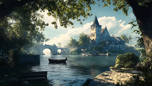 Medieval Castle by Arched Stone Bridge on Tranquil River.