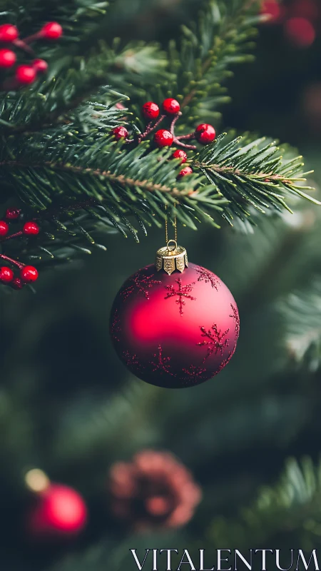 Red bauble hangs on fir branch with berries in sharp focus