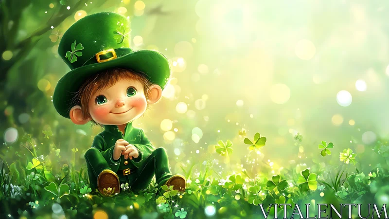 Cute leprechaun child sitting in bright clover field.
