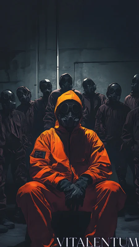 Striking leader in orange sits calmly among masked figures