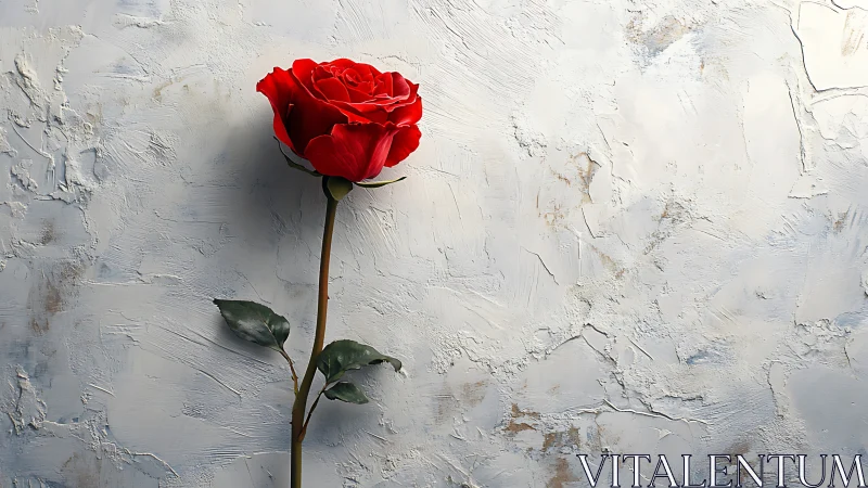 Single Red Rose Against Textured White Wall