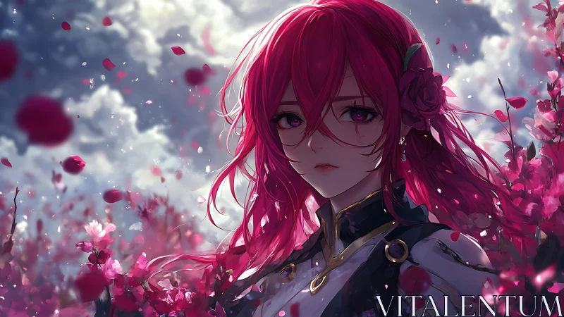 Melancholic red haired anime girl in dynamic blossom storm