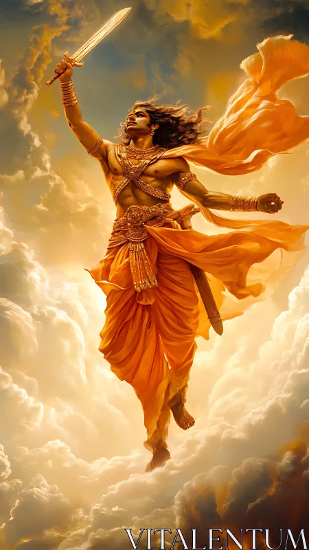 Dynamic warrior deity ascending through volumetric golden clouds
