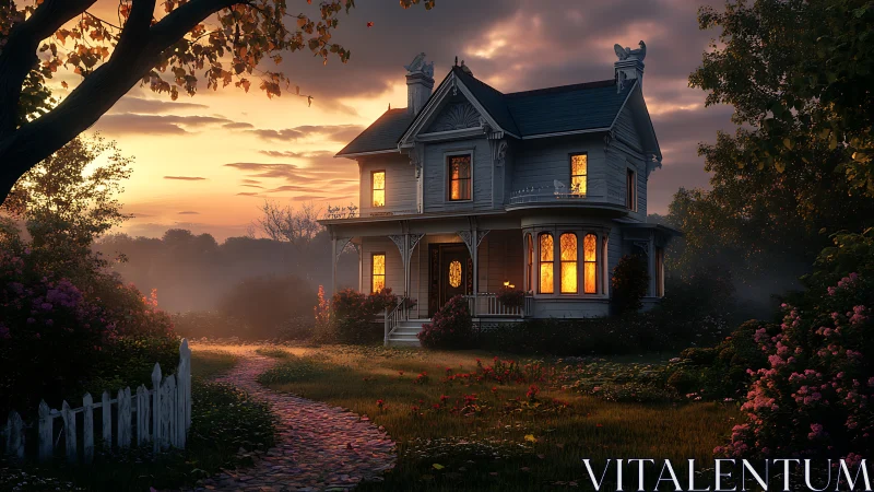 Victorian house at dusk with illuminated windows and garden.