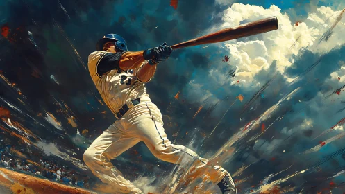 Explosive home run swing in dynamic digital baseball painting.