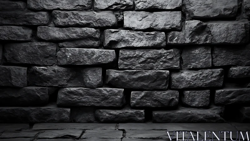 Dark stacked stone wall texture in moody side lighting.